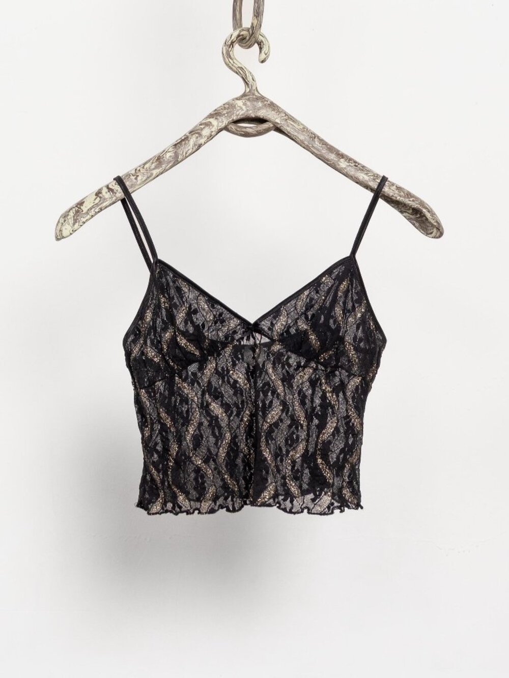 BLACK LACE CAMISOLE Stretch Vintage Spaghetti Straps Mini Sheer Gold Metallic
